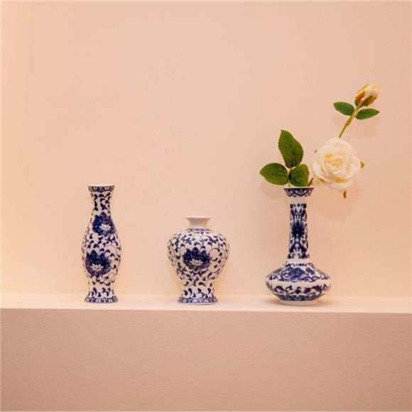 Set of 3 Small Blue &White Porcelain Vases, Fambe Glaze Porcelain Vases Set of 3 - Picture 2 of 6
